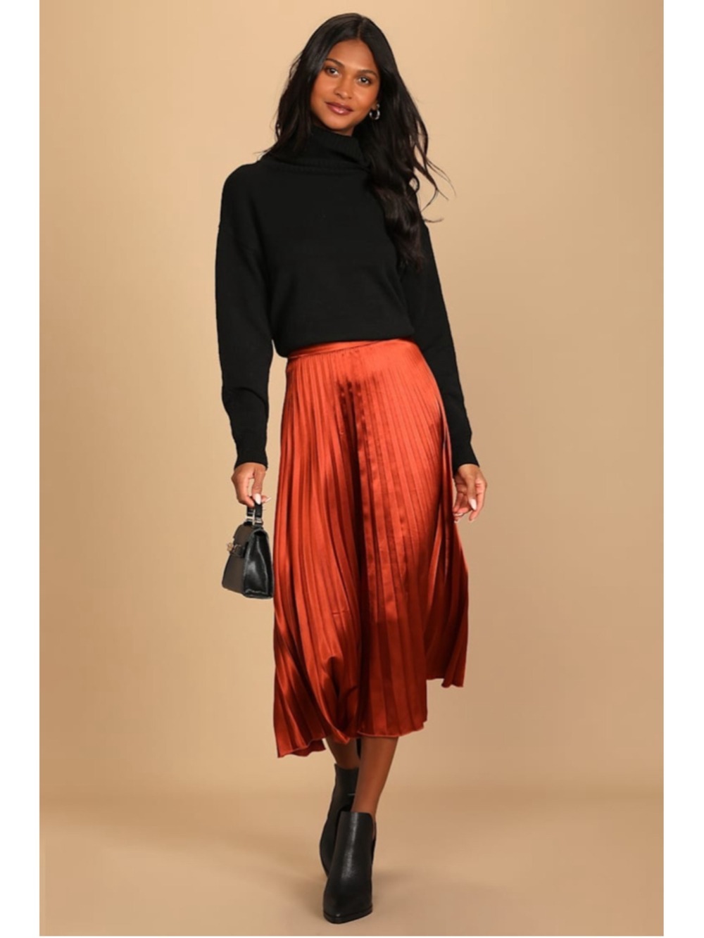 Lulus Fashionable Babe Rust Brown Satin Pleated Midi Skirt